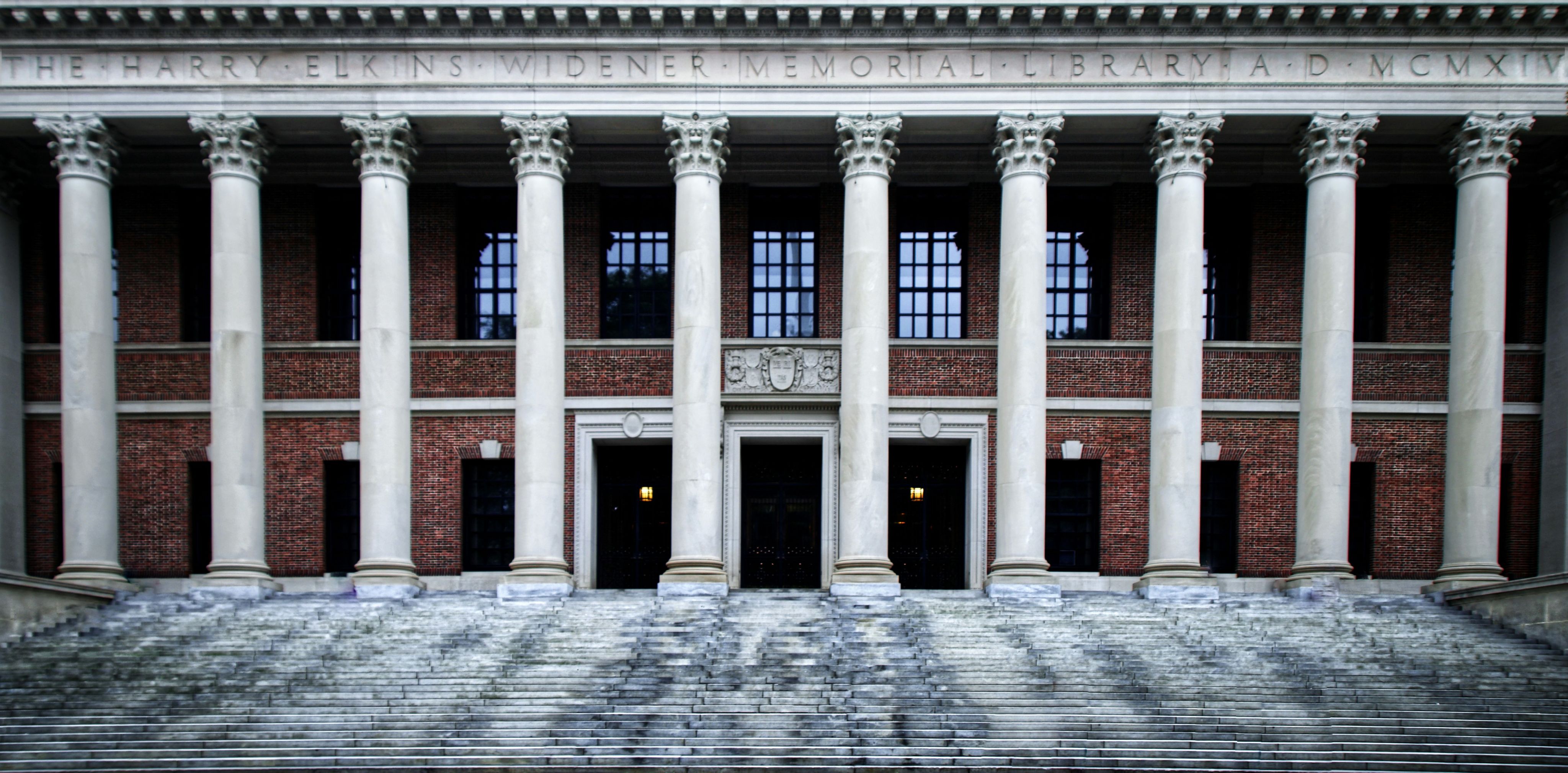 Widener Library: a large building with columns and steps leading up to it